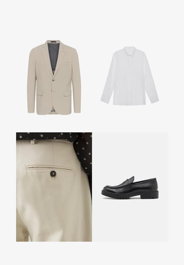 Beige blazer met een soepele textuur, twee voorzakken, een eenknops ontwerp en sluiting met één knoop; heeft een contrasterende binnenvoering.; Witte blouse met lange mouwen van soepel stof, met een puntige kraag, voorkant met knoopsluiting en manchetten met één knoop.; Beige broek met een gestructureerde stof en een achterzak, gesloten met een zwarte knoop. Subtiele stikselaccenten langs de zak.; Zwarte leren instappers met een ronde neus, slip-on ontwerp en dikke rubberen zool met een gestructureerde grip. Verhoogde hak en subtiele stikdetails.