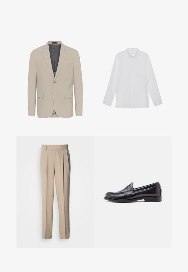 Beige Blazer mit glatter Textur, zwei Fronttaschen, einreihigem Design und einem Knopfverschluss; verfügt über ein kontrastierendes Innenfutter.; Weiße Langarmbluse aus glattem Stoff, mit spitzem Kragen, Knopfleiste vorne und Ein-Knopf-Manschetten.; Beige, hoch taillierte, plissierte Hose mit geradem Schnitt, glatter Textur und ohne sichtbare Verzierungen oder Muster.; Dunkelbraune Lederloafer mit glatter Oberfläche, niedrigem Absatz und dekorativen Nähten an der Spitze. Klassisches Design mit abgerundeter Silhouette.
