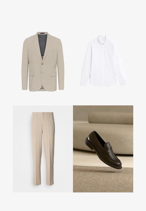 Beige Blazer mit glatter Textur, zwei Fronttaschen, einreihigem Design und einem Knopfverschluss; verfügt über ein kontrastierendes Innenfutter.; Weißen Langarm-Hemd mit Knopfverschluss, das einen klassischen Kragen, abgerundeten Saum und eine glatte Textur aufweist. Beinhaltet einen Knopfverschluss vorne und Details an den Manschetten.; Beige maßgeschneiderte Hose mit geradem Schnitt aus einem glatten Stoff. Verfügt über eine flache Vorderseite und einen Standardbund mit Gürtelschlaufen.; Ein einzelner dunkelbrauner Lederloafer schwebt über einem beigen, strukturierten Teppich, mit einem unscharfen beigen Sofa im Hintergrund.