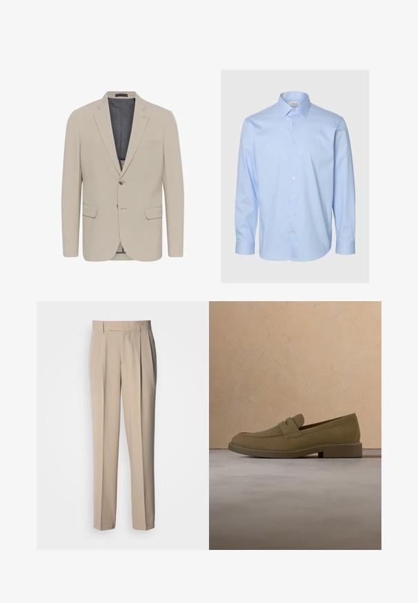 Beige Blazer mit glatter Textur, zwei Fronttaschen, einreihigem Design und einem Knopfverschluss; verfügt über ein kontrastierendes Innenfutter.; Hellblaues Hemd mit Knöpfen, lange Ärmel, klassischer Kragen, gefertigt aus glattem Stoff mit subtiler Textur und perlmuttfarbenen Knöpfen.; Beige, hoch taillierte, plissierte Hose mit geradem Schnitt, glatter Textur und ohne sichtbare Verzierungen oder Muster.; Brauner Wildleder-Slipper schwebt über einem strukturierten beigen Teppich in einem Wohnzimmer mit einem Holz-Couchtisch und gestapelten Büchern.