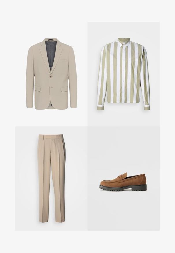 Beige blazer met een soepele textuur, twee voorzakken, een eenknops ontwerp en sluiting met één knoop; heeft een contrasterende binnenvoering.; Licht olijfkleurig en wit gestreept shirt met lange mouwen, knoopsluiting, puntkraag en een enkele borstzak. Gemaakt van katoen.; Beige, hooggetailleerde geplooide broek met een rechte pasvorm, met een gladde textuur zonder zichtbare versieringen of patronen.; Bruine suede instappers met een ronde neus en een lage zwarte rubberen zool, met een decoratieve band en stiksel details op het bovenwerk.