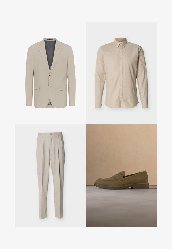 Beige sako s hladkým povrchom, dvoma prednými vreckami, jednostranným zapínaním a jedným gombíkom; obsahuje kontrastnú podšívku.; Béžová košeľa s dlhým rukávom na zapínanie na gombíky, s golierom na zapínanie na gombíky a priliehavým strihom, zobrazená na neutrálom pozadí.; Béžové pánske nohavice na mieru s prednými záhybmi, pútkami na opasok, zapínaním na gombík a rovnými nohavicami na bielom pozadí.; Hnedá semišová mokasína vznášajúca sa nad textúrovaným béžovým kobercom v obývacej izbe s dreveným konferenčným stolíkom a naskladanými knihami.