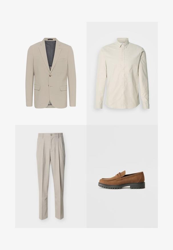 Beige Blazer mit glatter Textur, zwei Fronttaschen, einreihigem Design und einem Knopfverschluss; verfügt über ein kontrastierendes Innenfutter.; Hellbeiges langärmeliges Hemd aus glattem Stoff mit Knöpfen. Es verfügt über einen spitzen Kragen, Knopfverschluss und eine klassische Passform.; Beige Herrenanzughose mit Bügelfalten, Gürtelschlaufen, Knopfverschluss und geradem Bein, vor weißem Hintergrund.; Braune Wildlederslipper mit runder Zehenpartie und einer niedrigen schwarzen Gummisohle, die über einen dekorativen Riemen und Nähte auf dem Obermaterial verfügt.