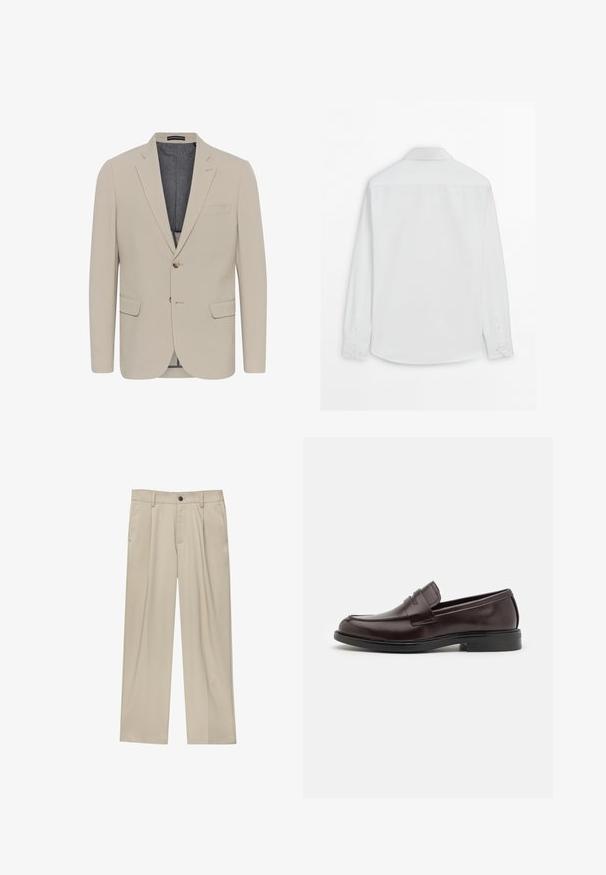 Beige Blazer mit glatter Textur, zwei Fronttaschen, einreihigem Design und einem Knopfverschluss; verfügt über ein kontrastierendes Innenfutter.; Rückansicht eines schlichten weißen Hemdes mit langen Ärmeln, mit geknöpften Manschetten und einem Standardkragen vor weißem Hintergrund.; Beige Hosen mit geradem Schnitt, ausgestattet mit einem einzelnen schwarzen Knopf, Gürtelschlaufen und Seitentaschen. Glatte Stofftextur und minimalistisches Design.; Braune Leder Slipper mit einer glatten Oberfläche, abgerundeter Spitze, subtilen Nahtdetails und einem niedrigen Gummiheel. Seitenansicht angezeigt.