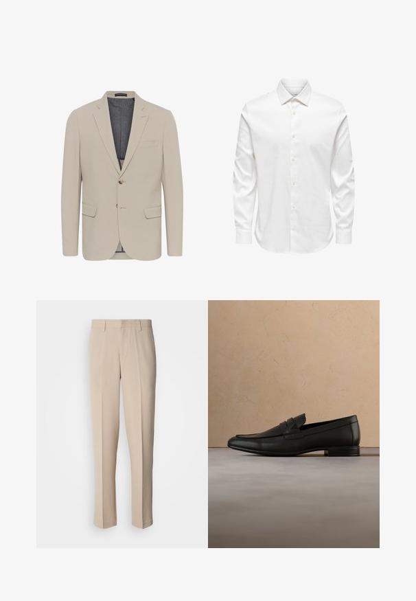 Beige blazer met een soepele textuur, twee voorzakken, een eenknops ontwerp en sluiting met één knoop; heeft een contrasterende binnenvoering.; Wit herenshirt met lange mouwen, een puntige kraag en een rij witte knopen aan de voorkant op een effen achtergrond.; Beige op maat gemaakte broek met rechte pasvorm, gemaakt van een gladde stof. Voorzien van een platte voorkant en een standaard tailleband met riemlussen.; Zwarte leren loafer die zweeft boven een beige tapijt met een beige bank in een minimalistische binnenomgeving.