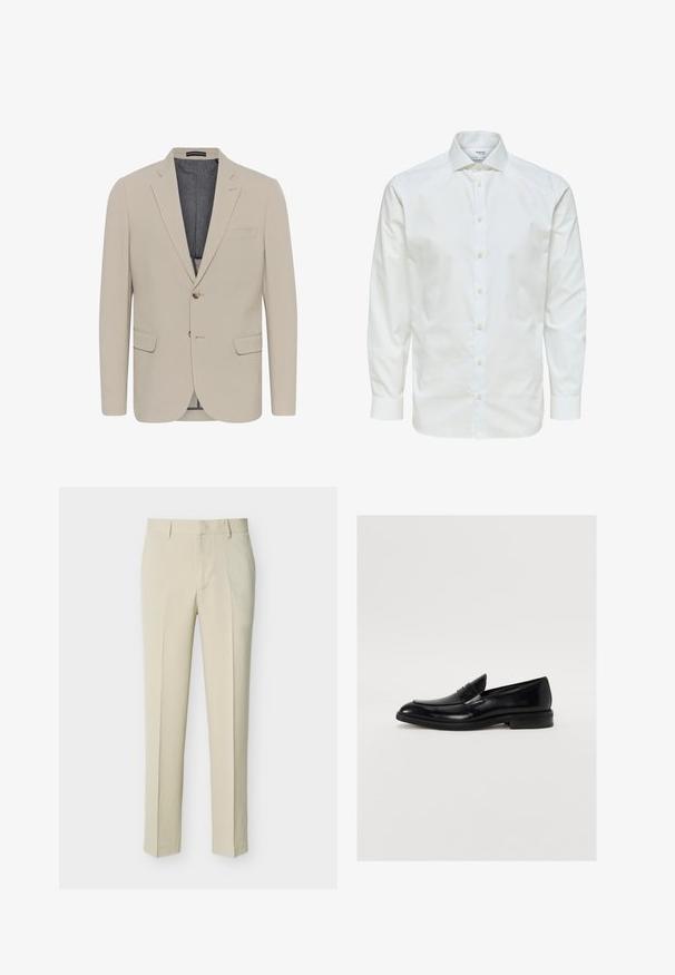 Beige blazer met een soepele textuur, twee voorzakken, een eenknops ontwerp en sluiting met één knoop; heeft een contrasterende binnenvoering.; Wit overhemd met lange mouwen, knoopsluiting aan de voorkant en puntige kraag, afgebeeld tegen een witte achtergrond.; Beige, op maat gemaakte rechte broek met riemlussen en een voorrits, weergegeven tegen een effen lichte achtergrond.; Zwarte leren instapper met ronde neus, subtiele stiksels en een gladde afwerking. Beschikt over een lage gestapelde hak en een band over de wreef.