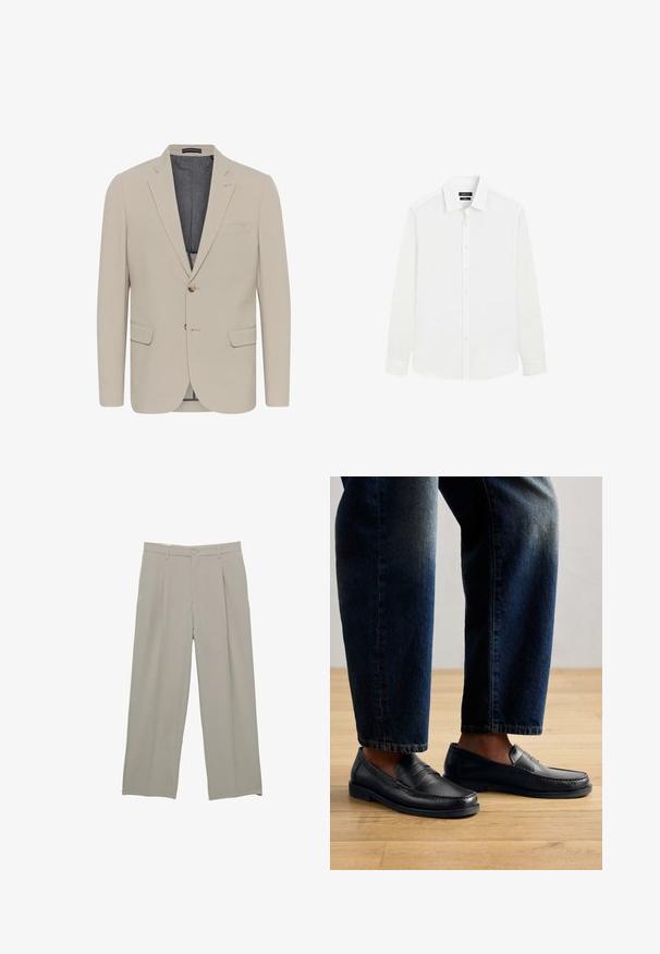 Beige blazer met een soepele textuur, twee voorzakken, een eenknops ontwerp en sluiting met één knoop; heeft een contrasterende binnenvoering.; Witte lange mouwen herenen overhemd met knopen aan de voorkant en een klassieke kraag, getoond op een effen witte achtergrond.; Lichtgrijze wijde broek met een gladde textuur, voorzien van plooien aan de voorkant, een knoopsluiting en zijzakken.; Zwarte leren instappers met gestikte details en textuurelementen, gedragen met donkerdenim, die een casual en gestroomlijnd ontwerp tonen.