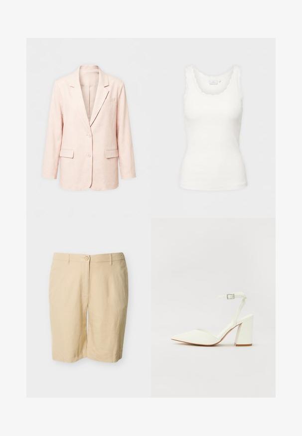 Veste simple boutonnage rose pâle avec revers crantés, deux boutons, deux poches avant à rabat, et une poche poitrine, présentée sur un fond uni.; Débardeur blanc côtelé avec encolure et bords des manches festonnés, présenté sur un fond clair uni.; Shorts beige longueur genou, coupés sur mesure, avec fermeture à bouton, passants pour ceinture et design à plat sur un fond uni.; Sandale blanche à talon avec un bout pointu, sangle de cheville réglable et un talon carré épais. Texture lisse avec des détails de couture minimaux.