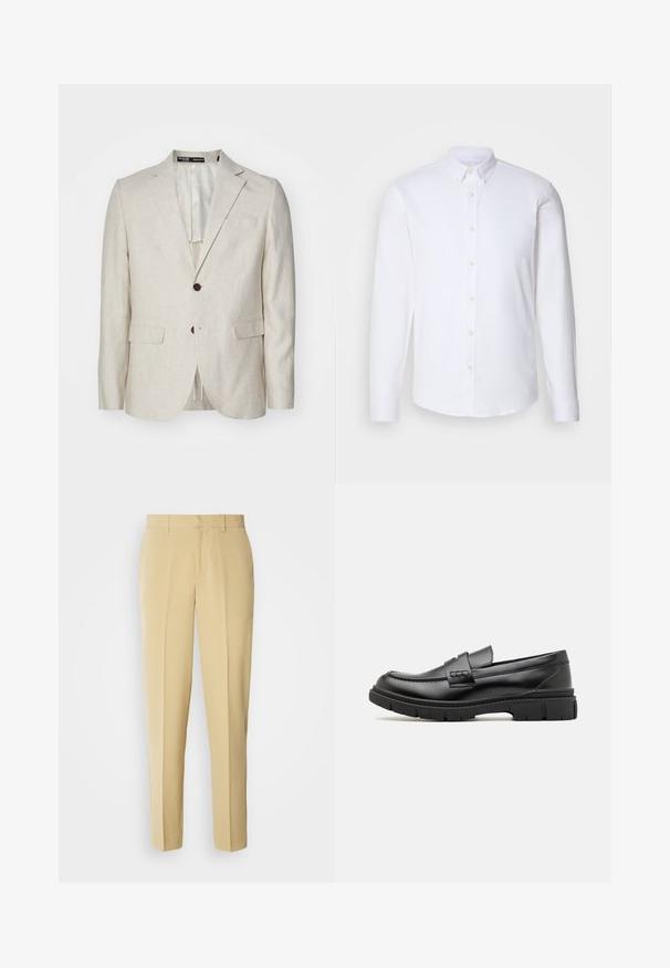 Lichtbeige linnen blazer met een twee-knoops sluiting, getailleerde revers, twee voorzakken en een enkele achteropening. Regular fit ontwerp.; Witte langharige overhemd met knopen gemaakt van een gladde stof, met een klassieke kraag, acht knopen aan de voorkant en standaard manchetten.; Beige pantalon met rechte pasvorm, platte voorkant en zijzakken. Gemaakt van een gladde stof met een lichte glans.; Zwarte leren instapper met een brede band over de voet, rubberen zool met dikke noppen en een gladde textuur. Klassiek, strak ontwerp.
