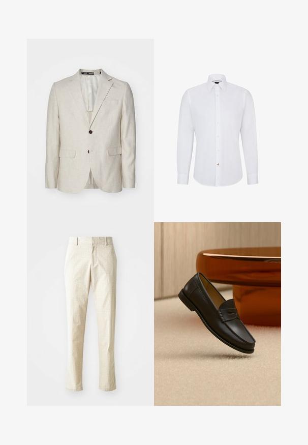 Helle beige Leinenblazer mit einer Zwei-Knopf-Verschluss, Reverskragen, zwei Vordertaschen und einem einzelnen Rückenschlitz. Reguläre Passform.; Weißes Langarmhemd mit Button-Down-Kragen, ausgestattet mit einer Reihe kleiner Knöpfe und einem einzelnen kontrastierenden Knopf-Akzent.; Hellbeige maßgeschneiderte Hose mit strukturiertem Muster, geradem Beinanschnitt und mittelhoher Taille, mit Gürtelschlaufen und ohne sichtbare Taschen.; Schwarzer Leder-Loafer, der über einem hellbeigen Teppich schwebt, mit bernsteinfarbenen modernen Möbeln im Hintergrund.