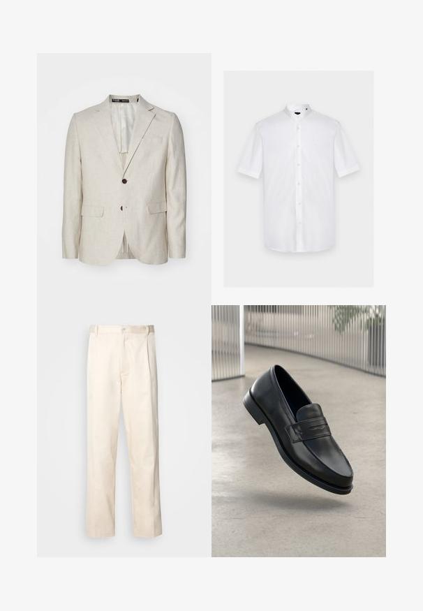 Svetlo béžový ľanový blazer s dvojitým zapínaním, klopovými goliermi, dvoma prednými vreckami a jedným zadným rozventilovaním. Dizajn v štandarde.; Biela košeľa s krátkym rukávom, mandarínskym golierom, gombíkmi vpredu a jemným logom na ľavej strane hrudníka.; Béžové bavlnené nohavice so strihom rovného nohu, s gombíkovým zapínaním a záhybmi vpredu pre pridanie detailu.; Čierna kožená mokasína s hladkou textúrou, špicatou špičkou a ozdobným remienkom cez priehlavok. Ľahká podrážka, minimalistický dizajn.