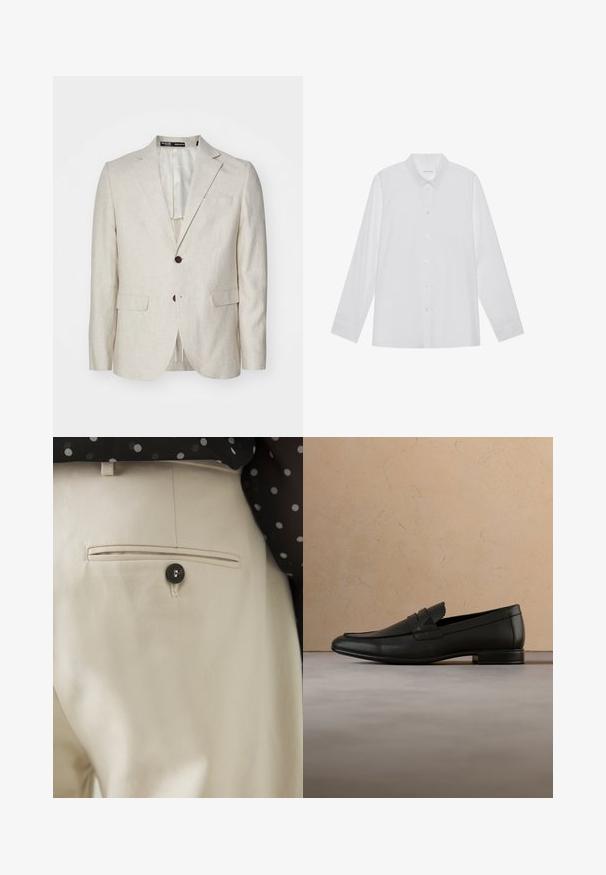 Lichtbeige linnen blazer met een twee-knoops sluiting, getailleerde revers, twee voorzakken en een enkele achteropening. Regular fit ontwerp.; Witte blouse met lange mouwen van soepel stof, met een puntige kraag, voorkant met knoopsluiting en manchetten met één knoop.; Beige broek met een gestructureerde stof en een achterzak, gesloten met een zwarte knoop. Subtiele stikselaccenten langs de zak.; Zwarte leren loafer die zweeft boven een beige tapijt met een beige bank in een minimalistische binnenomgeving.