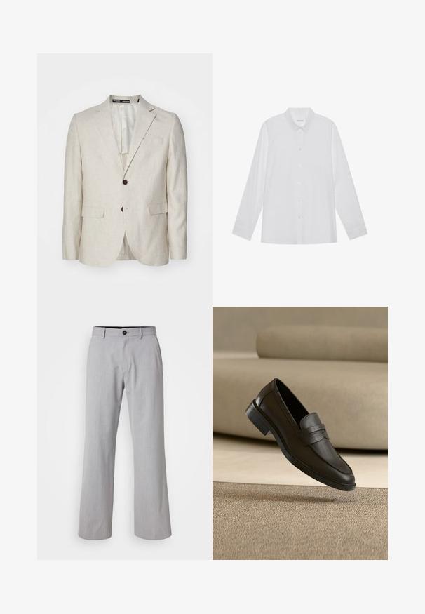 Svetlo béžový ľanový blazer s dvojitým zapínaním, klopovými goliermi, dvoma prednými vreckami a jedným zadným rozventilovaním. Dizajn v štandarde.; Biela košeľa s dlhým rukávom vyrobená z hladkej tkaniny, s špicatým golierom, predným zapínaním na gombíky a manžetami na jeden gombík.; Svetlo šedé nohavice so širokými nohavicami z textúrovaného materiálu. Majú pás s pútkami na opasok, predné zapínanie na gombík a dva bočné vrecká.; Čierny kožený mokasín odpočívajúci na béžovom koberci s zakrivenou béžovou sedačkou v pozadí.