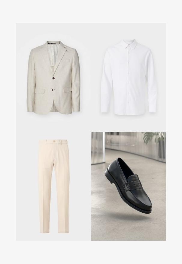 Lys beige linned blazer med en to-knaps lukning, notched revers, to forlommer og en enkelt rygventilation. Regular fit design.; Hvid skjorte med lange ærmer, knapper foran, spids krave og et diskret broderet logo på venstre bryst.; Beige skræddersyede bukser med knaplukning, bæltestropper og forreste presninger, vist på en ensartet lys baggrund.; Sort lædersko med glat tekstur, spids tå og en dekorativ rem over vristen. Letvægts sål, minimalistisk design.