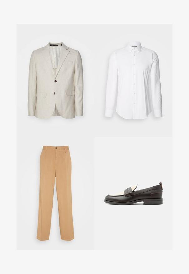 Lichtbeige linnen blazer met een twee-knoops sluiting, getailleerde revers, twee voorzakken en een enkele achteropening. Regular fit ontwerp.; Witte lange mouwen shirt van gladde stof, met een klassieke kraag en een knoopsluiting aan de voorkant met een gebogen zoom. Knopen hebben een subtiele glans.; Beige wijde broek van zacht materiaal, voorzien van twee voorzakken, een knoopsluiting en plooidetails langs de benen.; Donkerbruine leren herenloafer met crèmekleurig stoffen paneel en klassiek doorgestikt riemdetail, platte zool en trekhaak bij de hak.