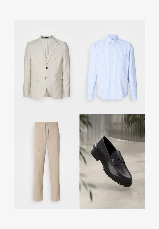 Lys beige linned blazer med en to-knaps lukning, notched revers, to forlommer og en enkelt rygventilation. Regular fit design.; Lyseblå skjorte med knapper og lodrette striber i hvid og pastel farver, blødt bomuldsstof, to brystlommer og lange ærmer.; Beige, afslappede bukser lavet af blødt materiale, med elastisk talje og snøre samt lige ben med minimale detaljer.; Brune læder loafers med en tekstureret, rippet gummisål. Har et slankt design og et dekorativt bånd over vristen.