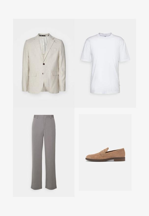 Lys beige linned blazer med en to-knaps lukning, notched revers, to forlommer og en enkelt rygventilation. Regular fit design.; Hvid bomulds t-shirt med rund hals, korte ærmer og lige kant. Har et lille mærke på den venstre sidesøm.; Tiger of Sweden TREY - Bukser - grey shadow; Lysbrun herreloafer i ruskind med lav hæl, rund tå og en remdetalje tværs over overdelen.