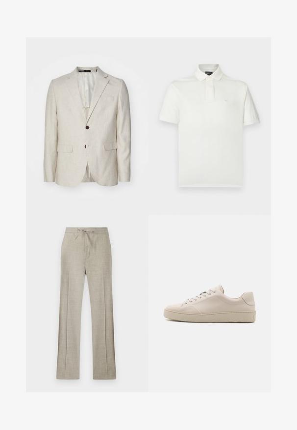 Heled beige linane bleiser kaksiknuppude sulgemisega, spetsiaalsete lapelidega, kahe esipocketiga ja ühe tagaseeliku avaga. Tavalise lõikega disain.; Valge polo-särk, mis on valmistatud pehmest puuvillast, millel on klassikaline krae, lühikesed varrukad ja väike logo rinnal. Sile tekstuur.; Beežid lina segust püksid peente valgete triipudega, paelakandiga vööjoon ja sirgete sääreotstega.; Bež nahkkingad siledalt viimistletud, ümarate varvastega, tasase tallaga ja klassikalise paeltega disainiga. Diskreedne õmbluste detail ja tekstuuriga välistald.