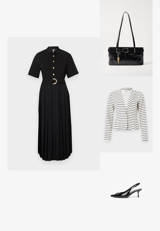 Blazer blanc à rayures horizontales noires, fermeture à un bouton, col à revers cranté et manches longues.; Robe noire à manches courtes, boutonnée sur le devant, jupe plissée et ceinture large avec une boucle ronde dorée. Tissu uni, détails minimalistes.; Escarpins slingback en cuir verni noir avec un bout pointu et une finition brillante. Présente un talon fin et un accent arrondi au dessus du pied.; Osoi SHOULDER BROCLE - Sac à main - stone black