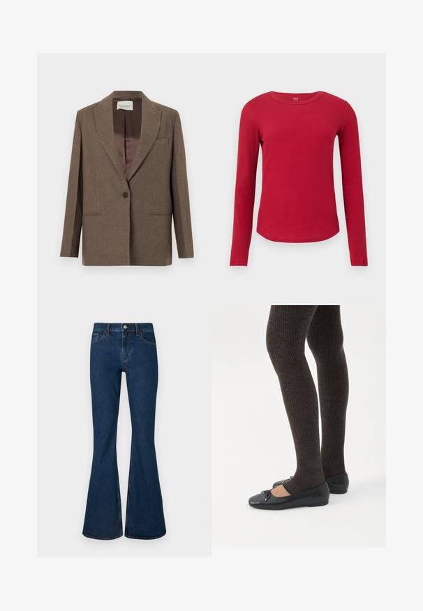 Veste en laine marron avec col cranté, fermeture à un bouton, deux poches avant, et doublure intérieure marron soyeuse. Design structuré.; Haut rouge en maille côtelée à manches longues, col rond, ourlet incurvé, silhouette ajustée et étiquette GAP à l'intérieur du col.; Jean en denim bleu foncé à coupe évasée avec une taille ajustée, fermeture par boutons, cinq poches et surpiqûres contrastées le long des coutures.; Jambes portant des leggings côtelés foncés associés à des ballerines noires avec de petits détails en nœud sur fond blanc.