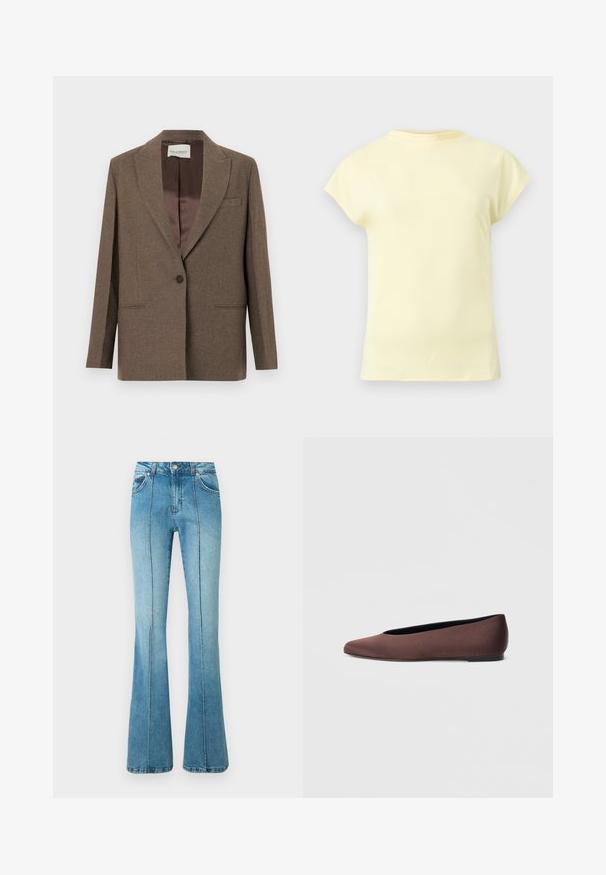 Veste en laine marron avec col cranté, fermeture à un bouton, deux poches avant, et doublure intérieure marron soyeuse. Design structuré.; T-shirt jaune clair à manches courtes avec un col rond, présenté sur un fond gris clair neutre.; Jeans en denim bleu clair taille haute avec des détails de couture à l'avant, des poches avant, des passants pour ceinture et des jambes évasées sur fond blanc.; Ballerines en tissu marron avec un bout pointu et une texture lisse, dotées d'un talon bas et d'une fine semelle noire. Aucune motif ni élément métallique visible.