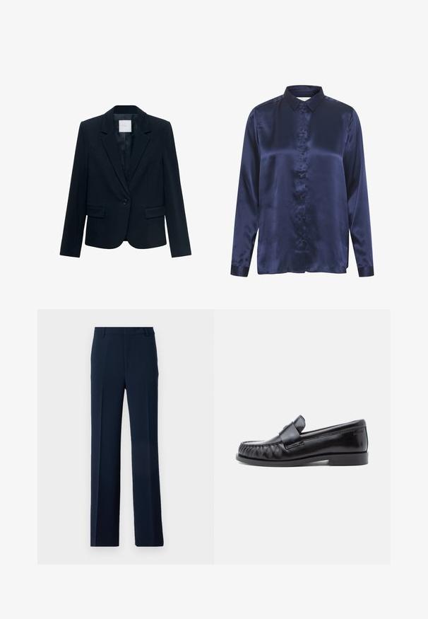 Marineblauwe op maat gemaakte blazer met lange mouwen, enkele zwarte knoopsluiting, notch-lapel kraag en twee voorste flapszakken.; Marine satijnen blouse met een knoopsluiting aan de voorkant, lange mouwen en een klassieke kraag. Gladde textuur met een subtiele glans en een relaxte pasvorm.; Marineblauwe broek van glad stoffen, met een recht model, vooraan geplooid en met zijzakken voor een verfijnde uitstraling.; Zwarte leren loafers met een afgeronde neus, kenmerkende stiksels en een decoratieve band over de wreef. Gladde afwerking en lage hak.