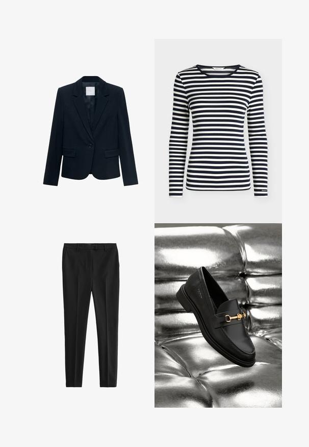 Marineblauwe op maat gemaakte blazer met lange mouwen, enkele zwarte knoopsluiting, notch-lapel kraag en twee voorste flapszakken.; Oversized shirt met lange mouwen met marineblauwe en witte horizontale strepen en een ronde hals, met het merk GANT op de mouwboord.; Zwarte broek van gladde stof, met een getailleerde pasvorm, voorplooien en lussen voor een riem, voorzien van zij- en achterzakken.; Zwarte leren instapper met een goudkleurig hardware-detail. De schoen heeft een strak ontwerp en een gladde, glanzende textuur.