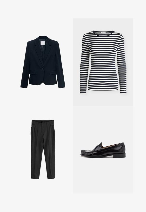 Marineblauwe op maat gemaakte blazer met lange mouwen, enkele zwarte knoopsluiting, notch-lapel kraag en twee voorste flapszakken.; Oversized shirt met lange mouwen met marineblauwe en witte horizontale strepen en een ronde hals, met het merk GANT op de mouwboord.; Zwarte tapered broek met een gladde textuur, voorzien van twee voorste ritszakken en voorplooien voor een gestructureerd ontwerp.; Zwarte leren mokassin met een glanzende afwerking, voorzien van franjes aan de voorkant en een lage gestapelde hak.