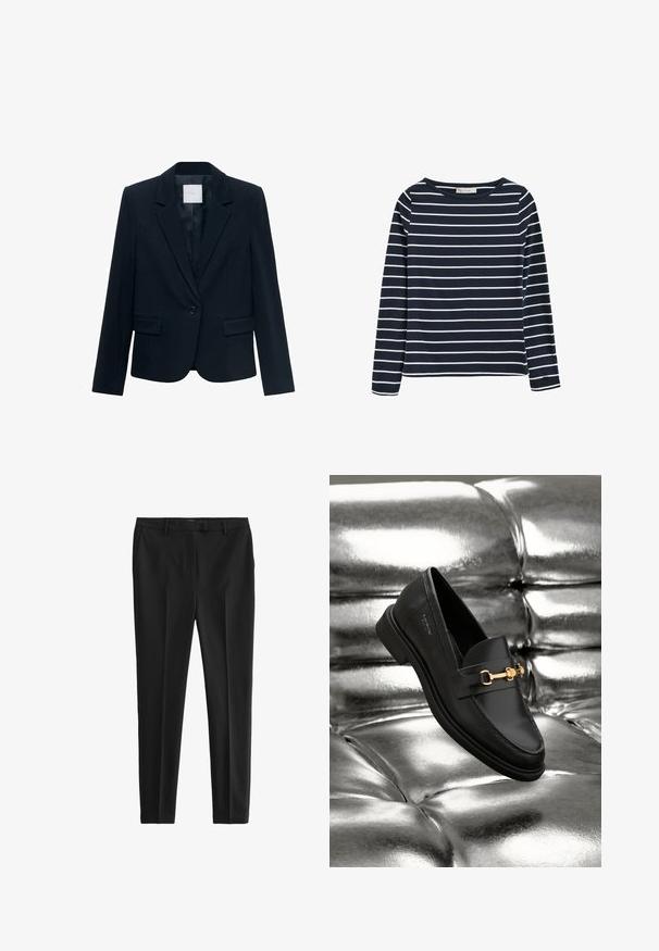 Marineblå skræddersyet blazer med langeærmer, enkelt sort knaplukning, spidse krave og to frontlommer med klap.; Navyblå langærmet skjorte med hvide vandrette striber, rund hals og en lille logotag på venstre ærmekant.; Sorte bukser lavet af glat stof, med skræddersyet pasform, frontfolder og bæltestropper, samt sidelommer og baglommer.; Sorte læder loafers med en guldfarvet hardware detalje. Skoen har et elegant design og en glat, skinnende overflade.