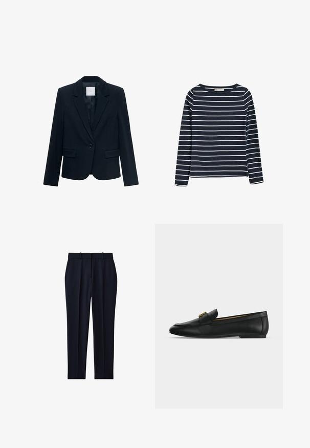 Marineblauwe op maat gemaakte blazer met lange mouwen, enkele zwarte knoopsluiting, notch-lapel kraag en twee voorste flapszakken.; Nachtblauw shirt met lange mouwen met witte horizontale strepen, een ronde hals en een klein logolabel op de linkermouw manchet.; Marineblauwe op maat gemaakte broek met riemlussen, zijzakken, voorplooi en rechte pijpen.; Zwarte leren loafer met een gouden metalen gesp bovenop, platte zool en een gestikt ontwerp langs de bovenrand.