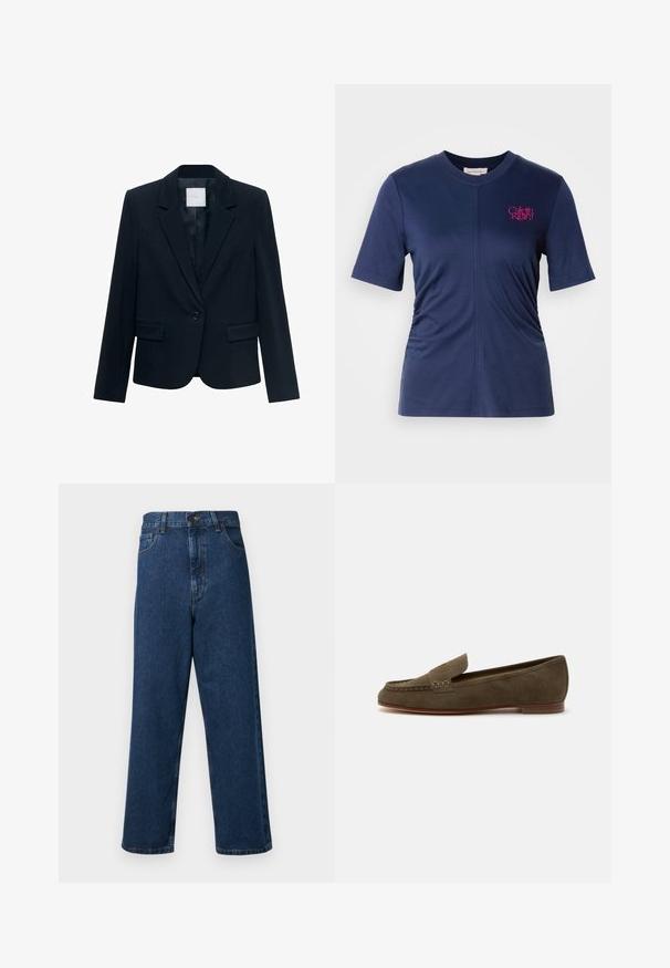 Marineblauwe op maat gemaakte blazer met lange mouwen, enkele zwarte knoopsluiting, notch-lapel kraag en twee voorste flapszakken.; Marineblauw T-shirt met korte mouwen van zachte stof, heeft een ronde halslijn, geraffineerde zijdetails en een contrasterend roze logo op de borst.; Hoog getailleerde blauwe denim jeans met een wijd been ontwerp, voorzien van vijf zakken, een knoopsluiting aan de voorkant en gestikte details langs de naden.; Bruine suède loafer met lage houten hak, moc toe stiksels en decoratieve riemdetail aan de bovenkant.
