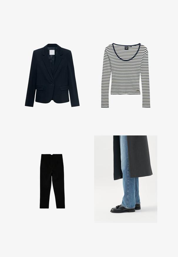 Marineblå skræddersyet blazer med langeærmer, enkelt sort knaplukning, spidse krave og to frontlommer med klap.; Hvid langærmet skjorte med mørkeblå vandrette striber og rund halsudskæring, med mærket Superdry near nederdelen og indersiden af kraven.; Sorte skræddersyede ankelkorte bukser med sidelommer og let tilspidset ben, vist fladt på en hvid baggrund.; Sorte læderloafer med kvaster, båret med lyseblå lige ben jeans, suppleres af en mørkegrå frakke. Rene linjer og struktureret stof.