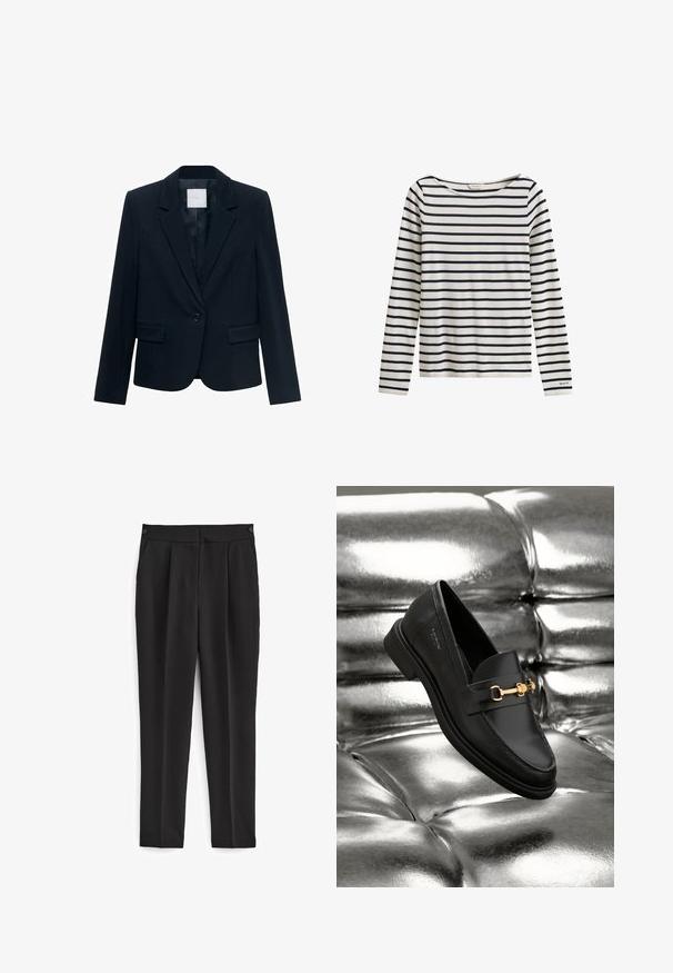 Marineblå skræddersyet blazer med langeærmer, enkelt sort knaplukning, spidse krave og to frontlommer med klap.; Hvid skjorte med lange ærmer, navyblå vandrette striber og et lille "GANT"-logo på venstre ærmekant.; Sorte bukser med skræddersyet pasform, med flad front, to sidelommer og et rent, sømløst design. Fremstillet af et glat, åndbart stof.; Sorte læder loafers med en guldfarvet hardware detalje. Skoen har et elegant design og en glat, skinnende overflade.