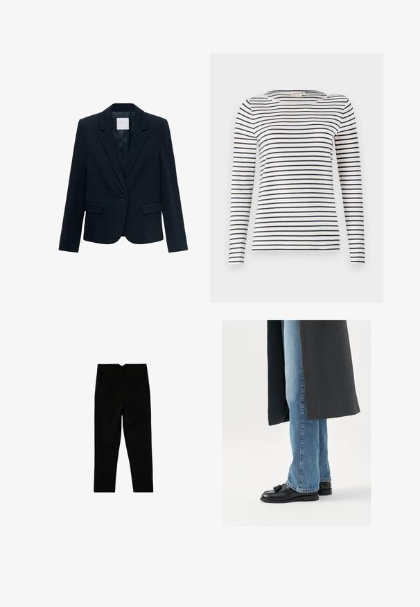 Marineblauwe op maat gemaakte blazer met lange mouwen, enkele zwarte knoopsluiting, notch-lapel kraag en twee voorste flapszakken.; Langsleeve gestreepte shirt gemaakt van zachte stof, met navy en witte horizontale strepen, ronde halslijn en een slim-fit ontwerp.; Zwarte op maat gemaakte broek tot aan de enkel met zijzakken en een licht taps toelopende pijp, plat liggend op een witte achtergrond.; Zwarte leren instappers met kwastjes, gedragen met lichtblauwe rechtlopende jeans, aangevuld met een donkergrijze jas. Schone lijnen en textiel met structuur.