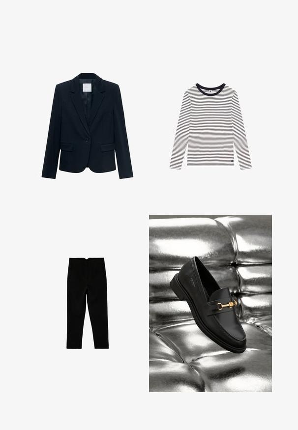 Marineblauwe op maat gemaakte blazer met lange mouwen, enkele zwarte knoopsluiting, notch-lapel kraag en twee voorste flapszakken.; Wit shirt met lange mouwen en marineblauwe horizontale strepen. Heeft een ronde halslijn en een klein logo aan de onderkant links. Zachte stof.; Zwarte op maat gemaakte broek tot aan de enkel met zijzakken en een licht taps toelopende pijp, plat liggend op een witte achtergrond.; Zwarte leren instapper met een goudkleurig hardware-detail. De schoen heeft een strak ontwerp en een gladde, glanzende textuur.