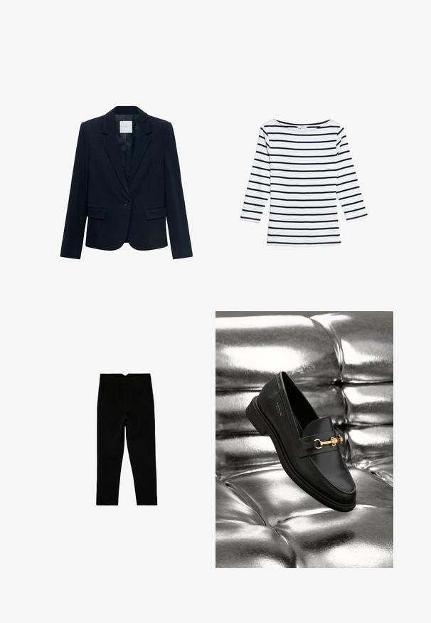Marineblå skræddersyet blazer med langeærmer, enkelt sort knaplukning, spidse krave og to frontlommer med klap.; Marks & Spencer STRIPED SLASH NECK - Langærmet T-shirt - white mix; Sorte skræddersyede ankelkorte bukser med sidelommer og let tilspidset ben, vist fladt på en hvid baggrund.; Sorte læder loafers med en guldfarvet hardware detalje. Skoen har et elegant design og en glat, skinnende overflade.