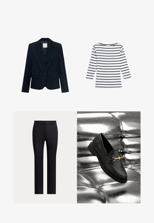 Marineblå skræddersyet blazer med langeærmer, enkelt sort knaplukning, spidse krave og to frontlommer med klap.; Marks & Spencer STRIPED SLASH NECK - Langærmet T-shirt - white mix; Sorte bukser med lige ben, bæltestropper og slim fit, vist mod en ensartet lys baggrund.; Sorte læder loafers med en guldfarvet hardware detalje. Skoen har et elegant design og en glat, skinnende overflade.