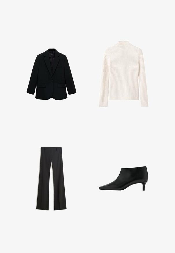 Zwarte blazer van gladde stof. Heeft een enkele knoopsluiting, notch-lapels en twee voorzakken. Simpel, op maat gemaakt ontwerp.; Geribbelde coltrui in off-white, gemaakt van zachte gebreide stof. Heeft lange mouwen en een aansluitend silhouet.; Zwarte, uitlopende broek met een gladde textuur, voorzien van een getailleerde pasvorm en een tailleband. Geen zichtbare patronen of versieringen.; Zwarte leren enkellaars met puntige neus en lage kittenhak, ontworpen voor elegante en formele gelegenheden.