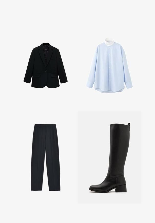 Zwarte blazer van gladde stof. Heeft een enkele knoopsluiting, notch-lapels en twee voorzakken. Simpel, op maat gemaakt ontwerp.; Lichtblauw overhemden met fijne strepen, lange mouwen en een contrasterende witte hoge kraag, weergegeven op een witte achtergrond.; Broek in donker marineblauwe stof, met een rechte pasvorm, geplooide plooien en zijzakken. Gemaakt van een gladde, geweven kwaliteit.; Zwarte laarzen tot de knie, gemaakt van soepel leer, met een blokhak, ronde neus en een strakke, ongecompliceerde uitstraling.