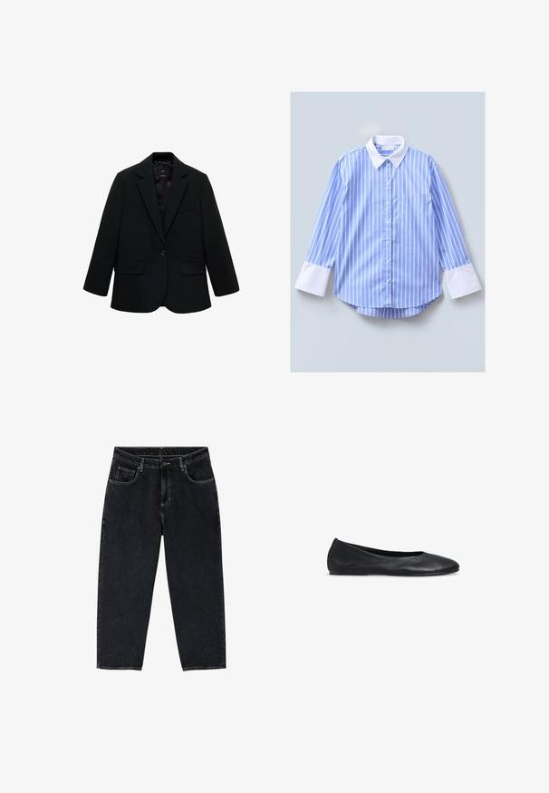 Zwarte blazer van gladde stof. Heeft een enkele knoopsluiting, notch-lapels en twee voorzakken. Simpel, op maat gemaakt ontwerp.; Lichtblauw gestreept overhemd met lange mouwen, een witte kraag, knopen aan de voorkant, een borstzakje aan de linkerkant en brede witte manchetten. Zachte stofstructuur.; Zwarte denim jeans met een relaxed fit, voorzien van vijf zakken, een knoopsluiting en contrasterende stiksels langs de naden.; Zwarte leren damesschoenen voor ballet met ronde neus en lage hak, afgebeeld op een witte achtergrond.