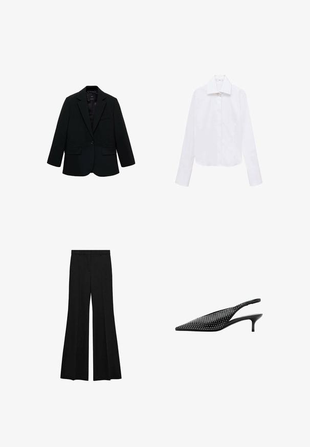 Sort blazer lavet af glat stof. Har en enkelt knaplukning, notchede klapkraver og to frontlommer. Enkel, skræddersyet design.; Hvid cropped skjorte med lange ærmer, spids krave og knaplukning foran. Lavet af glat, lette stoffer. Ingen synlige mønstre eller accenter.; Sorte bukser med høj talje og brede, vide ben, bæltestropper og forreste presning, på hvid baggrund.; Sort slingback-pumps med spids tå, lav kitten-hæl og sølvnittepynt, der dækker overdelen.