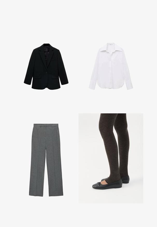 Sort blazer lavet af glat stof. Har en enkelt knaplukning, notchede klapkraver og to frontlommer. Enkel, skræddersyet design.; Hvid langærmet skjorte med knapper, klassisk krave, afslappet pasform, sidelæg og glat tekstur lavet af letvægtsstof.; Grå skræddersyede bukser med lige ben, flad front og sidelommer. Stoffet har en subtil tekstur. Ingen synlige metaldele.; Ben iført mørke ribbede leggings kombineret med sorte balletsko med små sløjfedetaljer på hvid baggrund.
