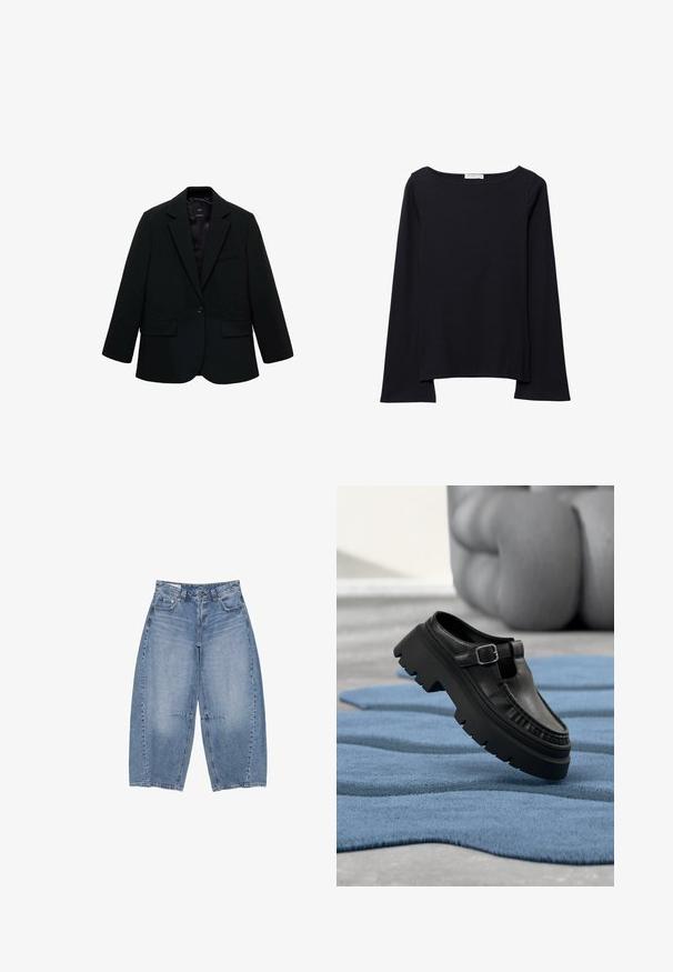 Blazer noir en tissu lisse. Présente une fermeture à un bouton, des revers crantés et deux poches avant. Design simple et ajusté.; Haut noir à manches longues avec un large col rond, coupe décontractée et texture douce. Comprend un ourlet arrière légèrement plus long et sans ornements supplémentaires.; Jean en denim bleu à jambes larges avec poches avant, passants pour ceinture et fermeture par bouton et zip, posé à plat sur fond blanc.; Mocassin en cuir noir avec semelle crantée épaisse et boucle argentée, positionné en angle sur un tapis bleu texturé.