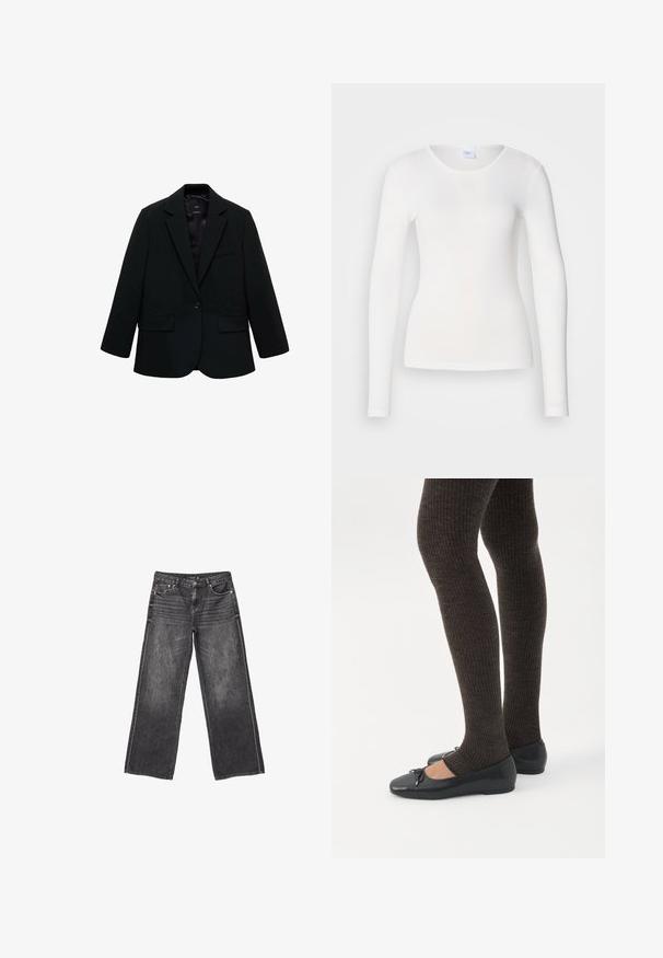 Zwarte blazer van gladde stof. Heeft een enkele knoopsluiting, notch-lapels en twee voorzakken. Simpel, op maat gemaakt ontwerp.; Witte lange mouwen shirt gemaakt van een zachte, gladde stof; heeft een ronde halslijn en een aansluitende vorm, zonder patronen of versieringen.; Donkergrijze wijde denim jeans met voor- en achterzakken, knoopsluiting en subtiele vervaagde details.; Benen met donkere geribbelde leggings gecombineerd met zwarte ballerina's met kleine strikdetails op een witte achtergrond.