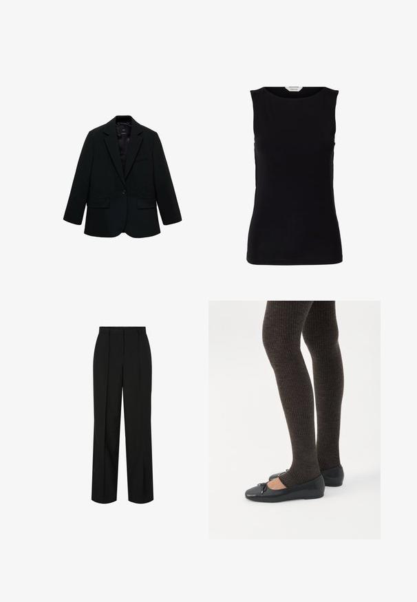 Zwarte blazer van gladde stof. Heeft een enkele knoopsluiting, notch-lapels en twee voorzakken. Simpel, op maat gemaakt ontwerp.; Zwarte nauwsluitende mouwloze top met een ronde halslijn en wit merkembleem aan de binnenkant van de kraag.; Zwarte broek met een rechte snit, voorzien van een tailleband, geplooide voorkant en zachte textuur. Geen opvallende patronen of accessoires zichtbaar.; Benen met donkere geribbelde leggings gecombineerd met zwarte ballerina's met kleine strikdetails op een witte achtergrond.