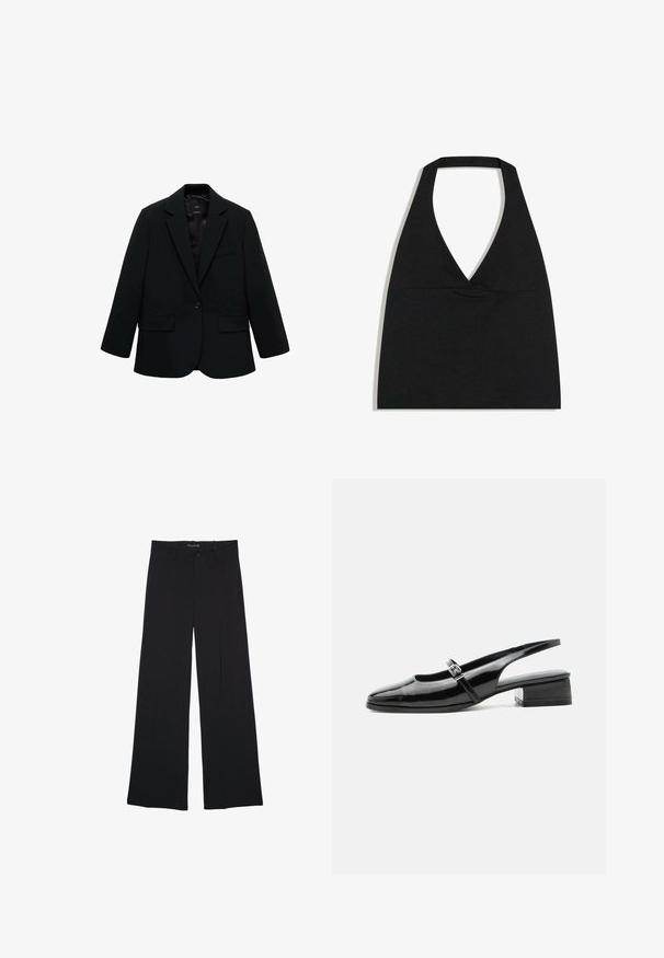 Sort blazer lavet af glat stof. Har en enkelt knaplukning, notchede klapkraver og to frontlommer. Enkel, skræddersyet design.; Sort halterneck crop top med dyb V-udskæring og bred nakkestrop mod en hvid baggrund.; Sorte bukser med vide ben, bæltestropper, knaplukning foran og lynlås, lagt fladt på en hvid baggrund.; Sort laklæderslingback-sko med lav blokhæl og tynd rem med sølvspænde over toppen.