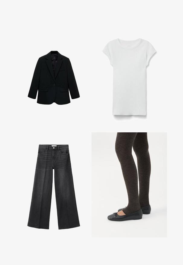 Zwarte blazer van gladde stof. Heeft een enkele knoopsluiting, notch-lapels en twee voorzakken. Simpel, op maat gemaakt ontwerp.; Wit geribd T-shirt met korte mouwen en ronde hals, plat liggend op een witte achtergrond, toont de voorkant en een eenvoudige casual stijl.; Zwarte denim jeans met een wijde pijp en een hoge taille, voorzien van vijf zakken, een knoopsluiting en subtiele wassing voor textuur.; Benen met donkere geribbelde leggings gecombineerd met zwarte ballerina's met kleine strikdetails op een witte achtergrond.