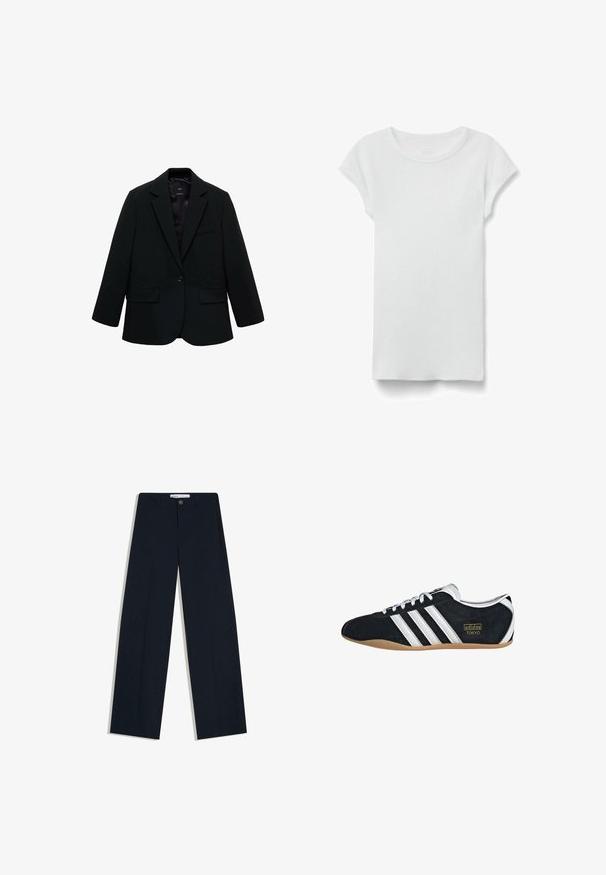 Sort blazer lavet af glat stof. Har en enkelt knaplukning, notchede klapkraver og to frontlommer. Enkel, skræddersyet design.; Hvid kortærmet ribbet T-shirt med rund hals, lagt fladt på hvid baggrund, viser forsiden og simpel afslappet stil.; Mørkeblå skræddersyede bukser med knap- og lynlåsbeslag, lige ben og subtil stribet tekstur på hvid baggrund.; Sort ruskinds sneaker med hvide tre striber, guldlogo og en brun gummisål. Har et lavprofil snørebåndsdesign.