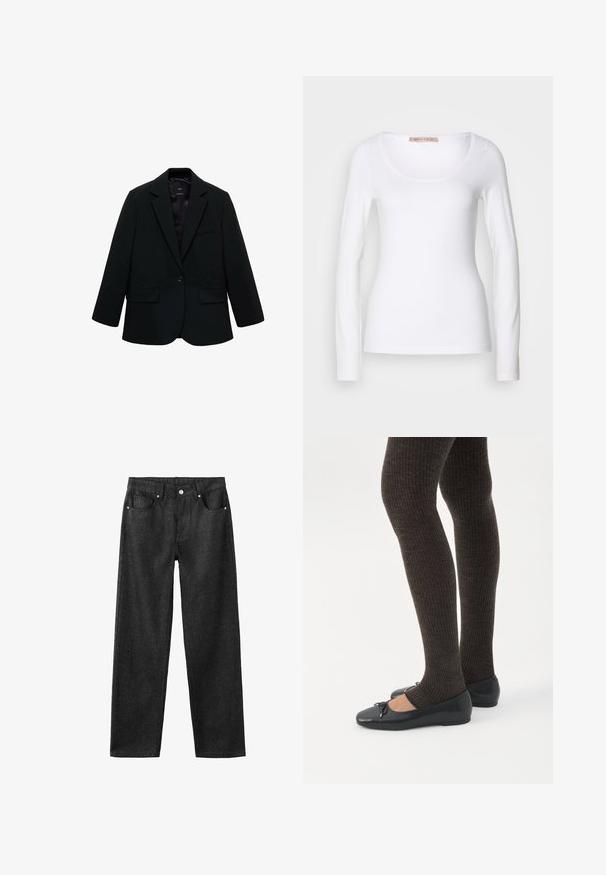 Zwarte blazer van gladde stof. Heeft een enkele knoopsluiting, notch-lapels en twee voorzakken. Simpel, op maat gemaakt ontwerp.; Witte katoenen T-shirt met lange mouwen, voorzien van een ronde halslijn en een getailleerd ontwerp, met een gladde textuur en zonder versieringen.; Zwarte denim broek met een rechte pijp, voorzien van vijf zakken, zilverkleurige hardware en een gladde textuur.; Benen met donkere geribbelde leggings gecombineerd met zwarte ballerina's met kleine strikdetails op een witte achtergrond.