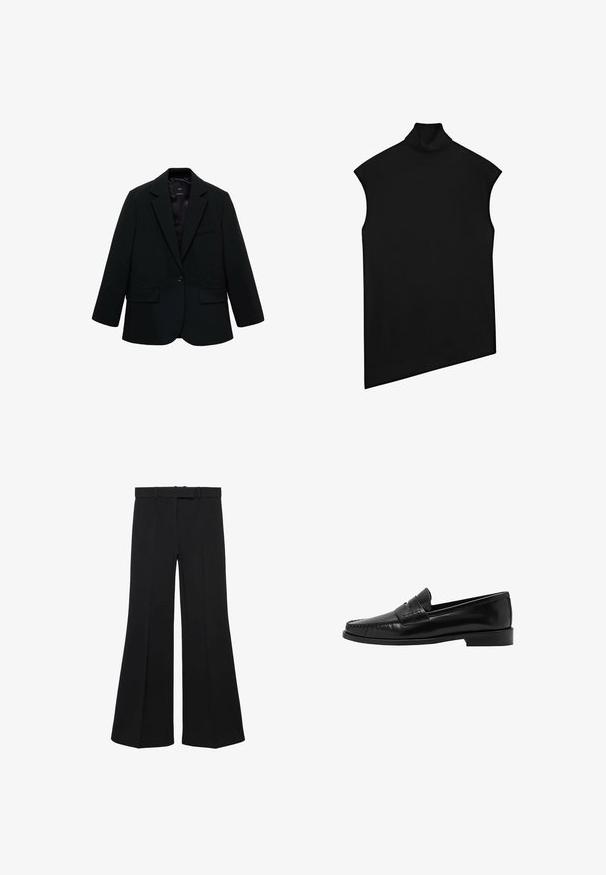 Sort blazer lavet af glat stof. Har en enkelt knaplukning, notchede klapkraver og to frontlommer. Enkel, skræddersyet design.; Sort ærmeløs rullekrave top med lige kant og brede ærmegab, vist fladt på en hvid baggrund.; Sorte bredbenede bukser med høj talje, struktureret design og forreste indsnit. Fremstillet af et glat stof med en diskret taljebånd og bæltesløjfer.; Mango Loafers - black